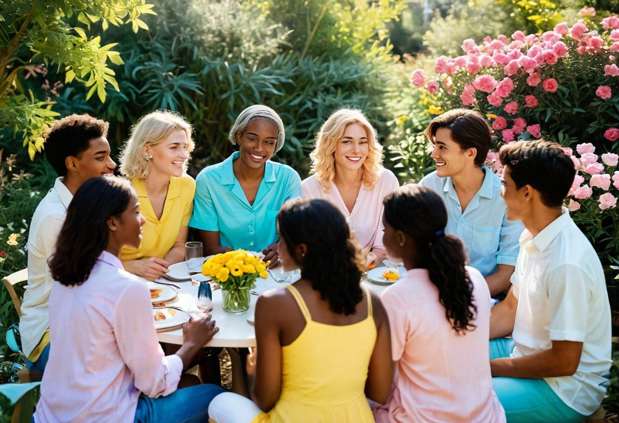 A warm and inviting scene depicting a diverse group of transgender individuals engaging in open conversation, surrounded by soft pastel colors symbolizing love and inclusion. Elements of nature, such as blooming flowers and gentle sunlight, enhance the atmosphere of connection and intimacy, while abstract representations of desire intertwine in the background. The composition radiates joy, acceptance, and the exploration of sexual pleasure. vibrant colors. super-realistic.