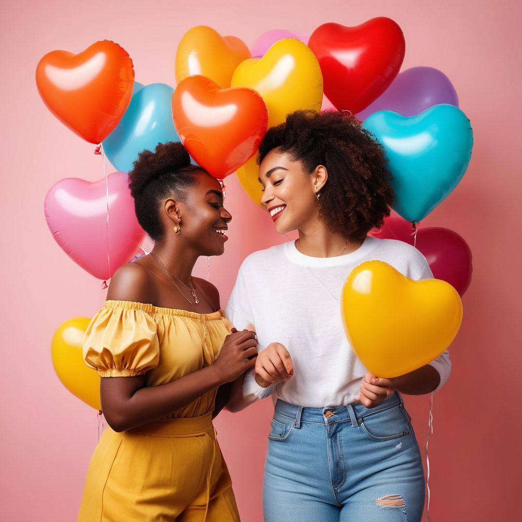 A diverse group of people of different gender identities joyfully engaging in intimate moments, surrounded by colorful heart-shaped balloons and flowers representing love and acceptance. The background features soft pastel colors, conveying warmth and positivity, while their vibrant expressions showcase confidence and connection. Capture the essence of romance and body positivity. super-realistic. vibrant colors. soft background.