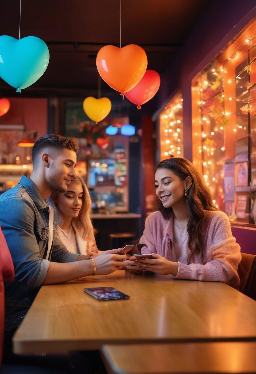 A vibrant and dynamic scene showcasing a diverse group of LGBTQ+ individuals using various dating apps on their smartphones in a modern café setting. The background features colorful decorations and a warm ambiance, symbolizing connection and seduction. Incorporate subtle playful elements, like hearts or chat bubbles, floating around them. The individuals should express joy, flirtation, and confidence, reflecting the theme of the adult industry. super-realistic. vibrant colors. modern aesthetic.